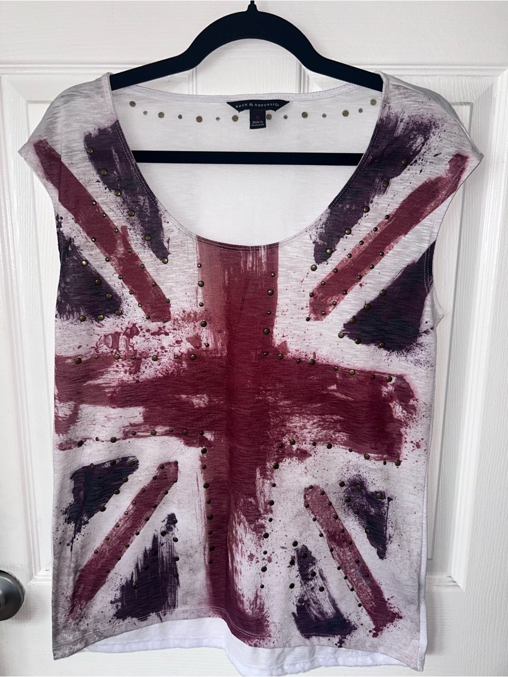 Rock & Republic Women's Burgundy Union Jack Studded Tee - size M